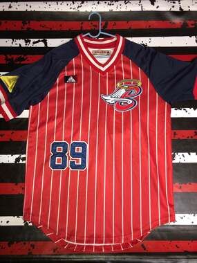 Black Pyramid Men's #89 California Angels Style V-Neck Pinstripe Baseball Jersey